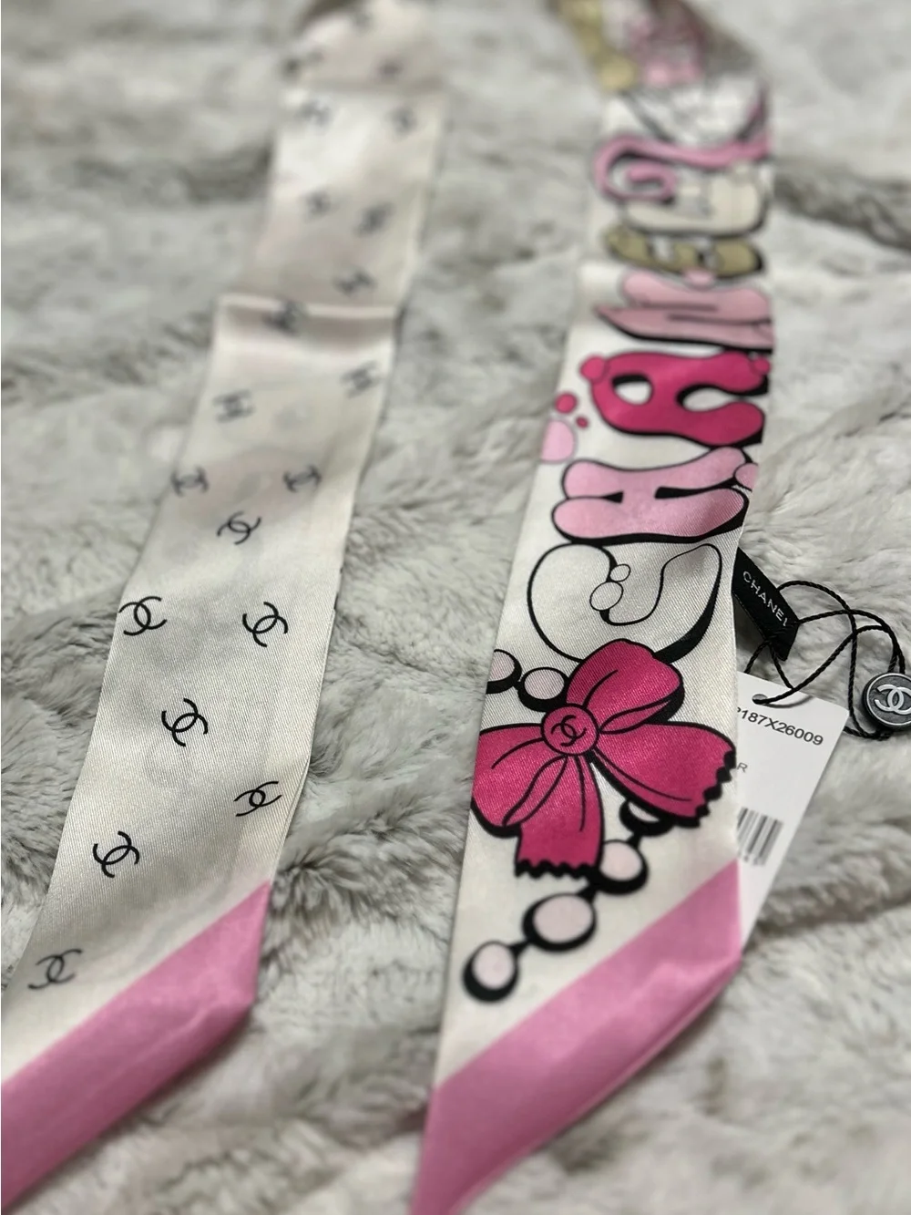 C Pink, White and Cream Twilly Scarf